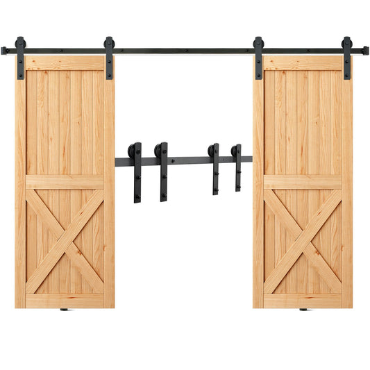 8FT Sliding Lading Door Hardware Kit, 330LBS Heavy Duty Ladugårdsdörr Track Kit för dubbeldörrar, Passar 3,7-4,3FT totalt bred och 1,3"-1,8" tjock 2-dörrarspanel, med mjuk och tyst remskiva (I Shape)