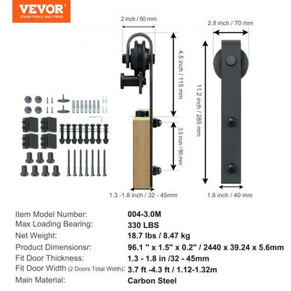 8FT Sliding Lading Door Hardware Kit, 330LBS Heavy Duty Ladugårdsdörr Track Kit för dubbeldörrar, Passar 3,7-4,3FT totalt bred och 1,3"-1,8" tjock 2-dörrarspanel, med jämn och tyst remskiva (J-form) |  EU
