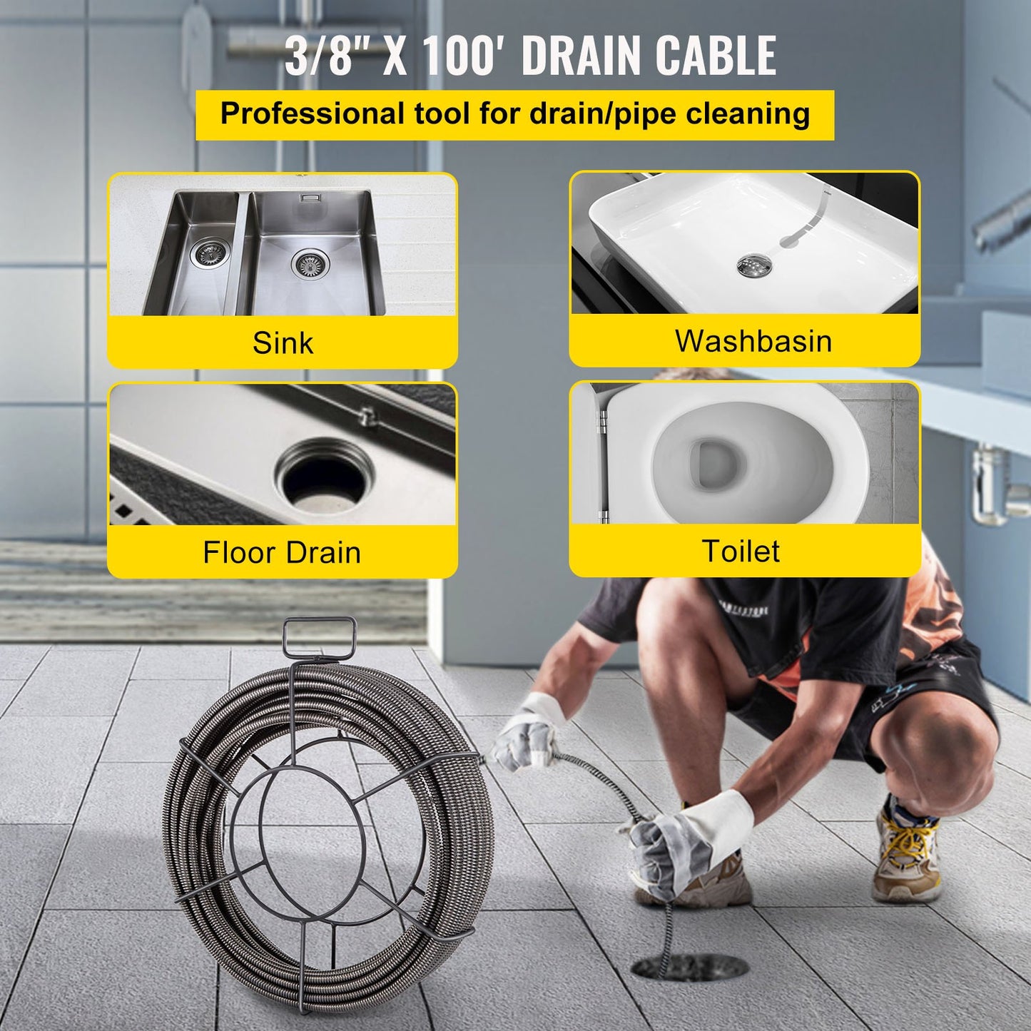 Drain Cleaning Cable 100ft x 3/8 Inch Solid Core Cable Drain Cable Drain Auger Cable Cleaner Snake Clogged Pipe Drain Cleaning Cable Drain Drain Auger Snake Pipe