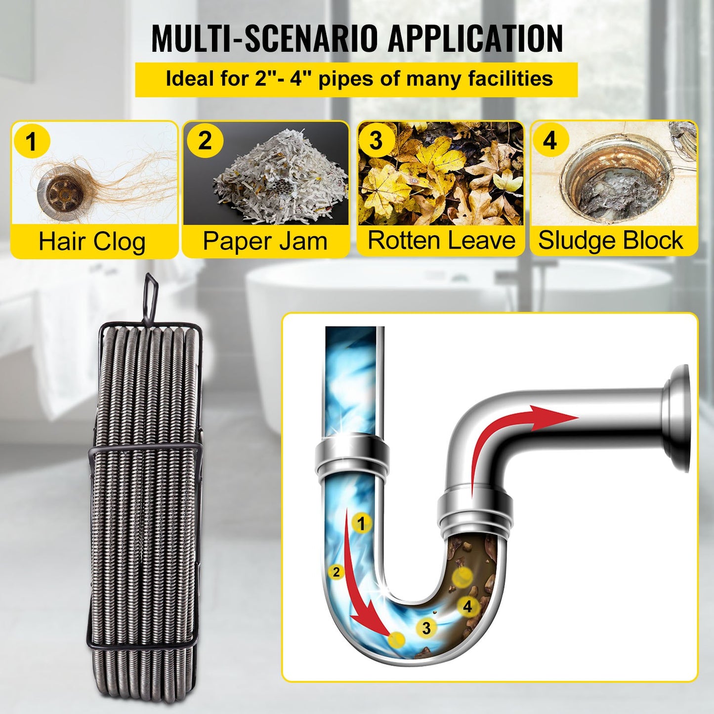Drain Cleaning Cable 100ft x 3/8 Inch Solid Core Cable Drain Cable Drain Auger Cable Cleaner Snake Clogged Pipe Drain Cleaning Cable Drain Drain Auger Snake Pipe