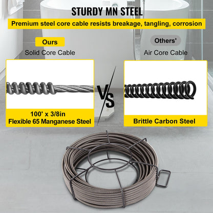 Drain Cleaning Cable 100ft x 3/8 Inch Solid Core Cable Drain Cable Drain Auger Cable Cleaner Snake Clogged Pipe Drain Cleaning Cable Drain Drain Auger Snake Pipe
