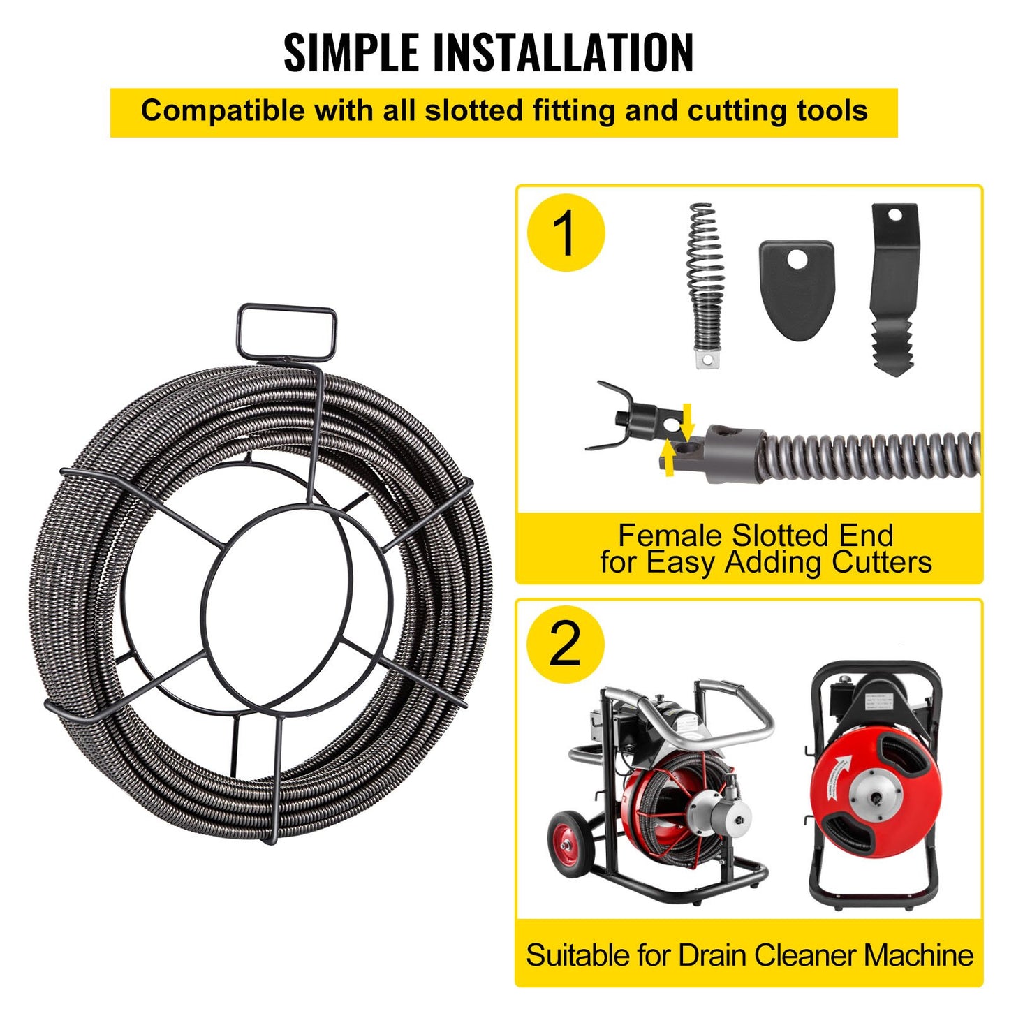 Drain Cleaning Cable 100ft x 3/8 Inch Solid Core Cable Drain Cable Drain Auger Cable Cleaner Snake Clogged Pipe Drain Cleaning Cable Drain Drain Auger Snake Pipe