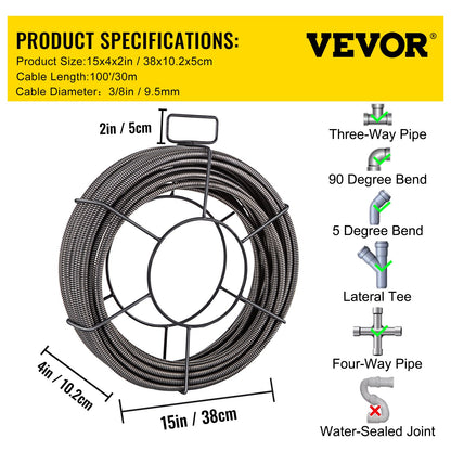 Drain Cleaning Cable 100ft x 3/8 Inch Solid Core Cable Drain Cable Drain Auger Cable Cleaner Snake Clogged Pipe Drain Cleaning Cable Drain Drain Auger Snake Pipe