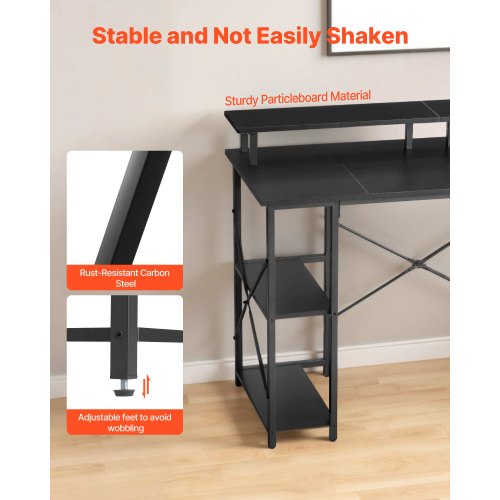 120 cm datorskrivbord med smarta LED-lampor och eluttag, vändbart spelskrivbord med skärmstativ och förvaringshyllor i två nivåer, studiematerial för hemmakontor, svart |  EU