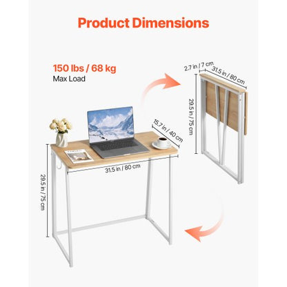 Hopfällbart skrivbord, 80 cm litet hopfällbart bord för kompakta utrymmen, platsbesparande datorbord, robust spånskiva med förvaringskrokar, skrivstation för hemmakontor, enkel montering, ek |  EU