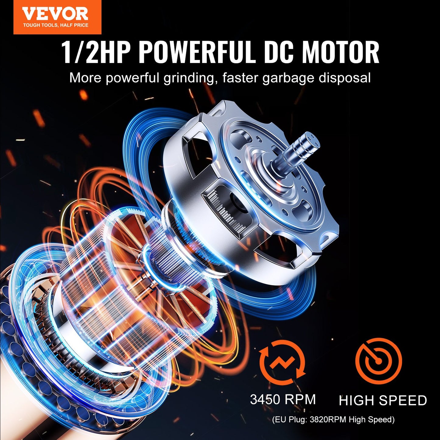 Garbage Disposal 1/2 HP Continuous Food Waste Disposal 3820 RPM EZ Connect