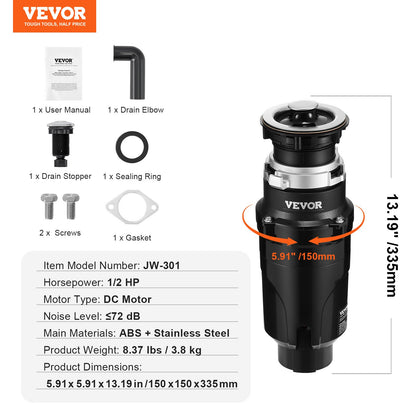 Garbage Disposal 1/2 HP Continuous Food Waste Disposal 3820 RPM EZ Connect
