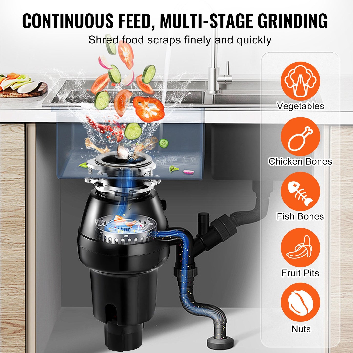 Garbage Disposal 1/2 HP Continuous Food Waste Disposer 3820 RPM 3-Bolt