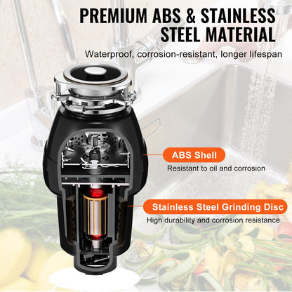Garbage Disposal 1/2 HP Continuous Food Waste Disposer 3820 RPM 3-Bolt