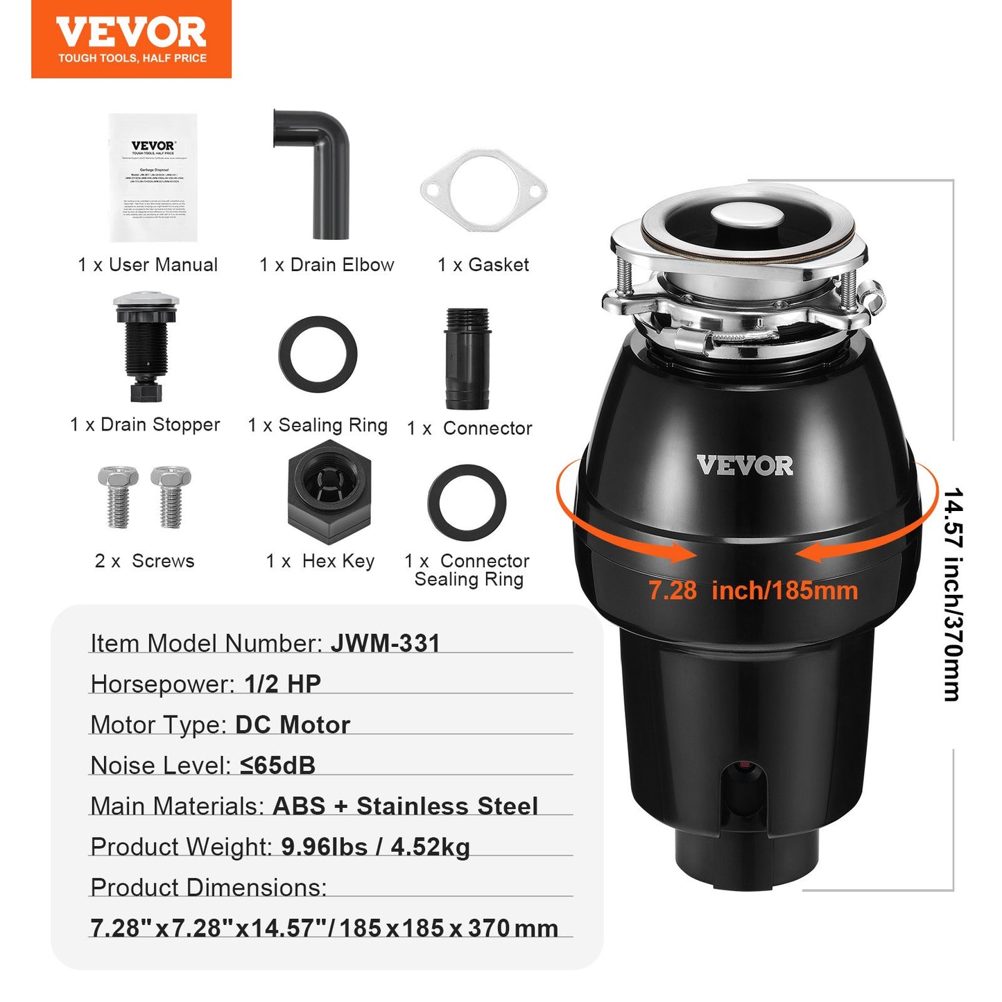 Garbage Disposal 1/2 HP Continuous Food Waste Disposer 3820 RPM 3-Bolt