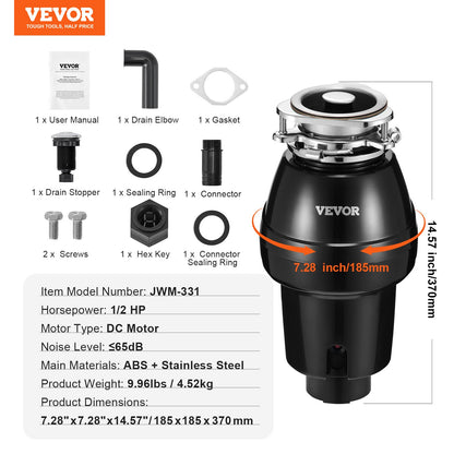 Garbage Disposal 1/2 HP Continuous Food Waste Disposer 3820 RPM 3-Bolt