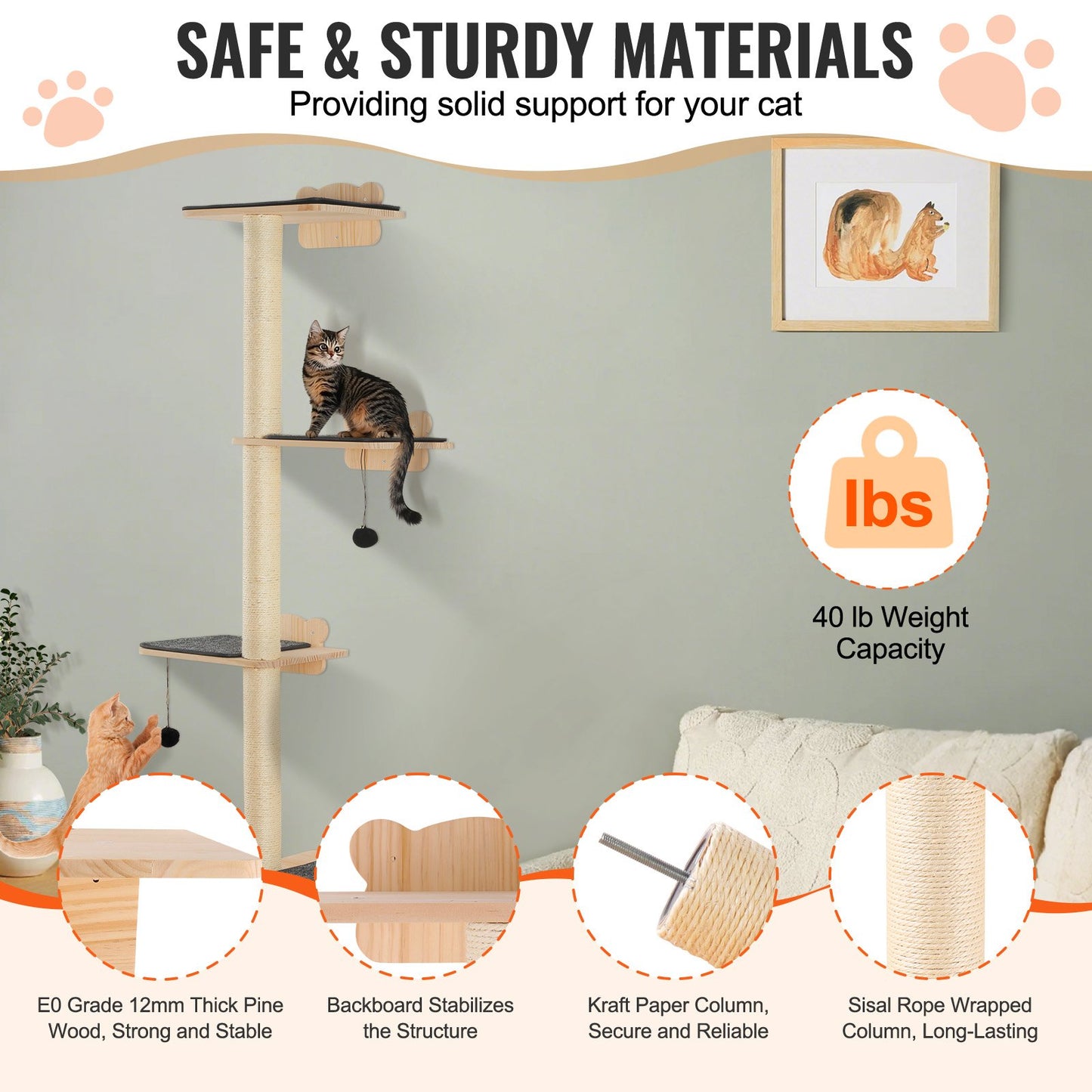 An der Wand montierter Katzenregalbaum mit Plattform, baumförmiges Katzenmöbel