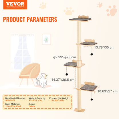 An der Wand montierter Katzenregalbaum mit Plattform, baumförmiges Katzenmöbel