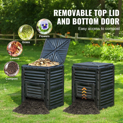 Garden Compost Bin 80 Gal, BPA-fri komposter, stor kapacitet utomhuskomposteringsbehållare med topplock och bottendörr, enkel montering, lätt, snabbt skapande av bördig jord