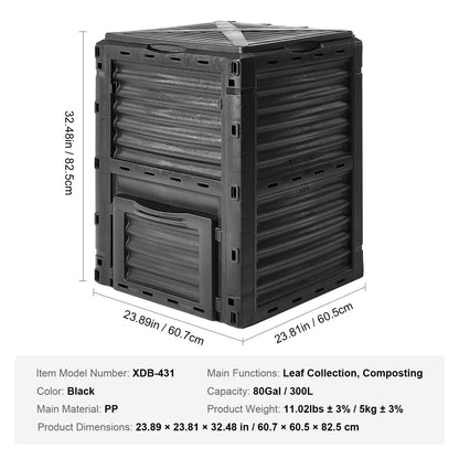 Garden Compost Bin 80 Gal, BPA-fri komposter, stor kapacitet utomhuskomposteringsbehållare med topplock och bottendörr, enkel montering, lätt, snabbt skapande av bördig jord