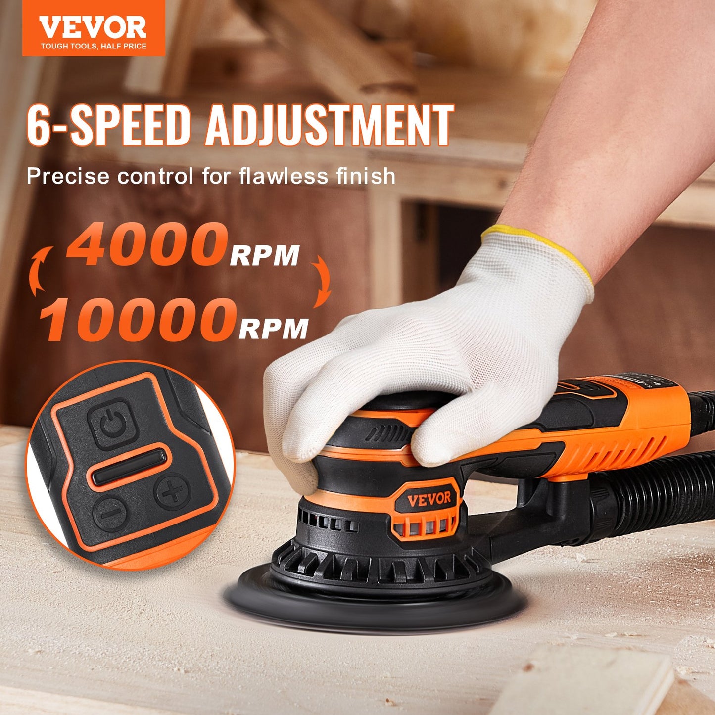 Random Orbital Sander 6'' Palm Sander 10 ST Sandpapper 6 Variabel hastighet