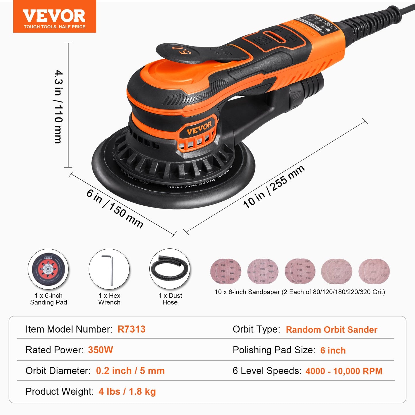 Random Orbital Sander 6'' Palm Sander 10 ST Sandpapper 6 Variabel hastighet