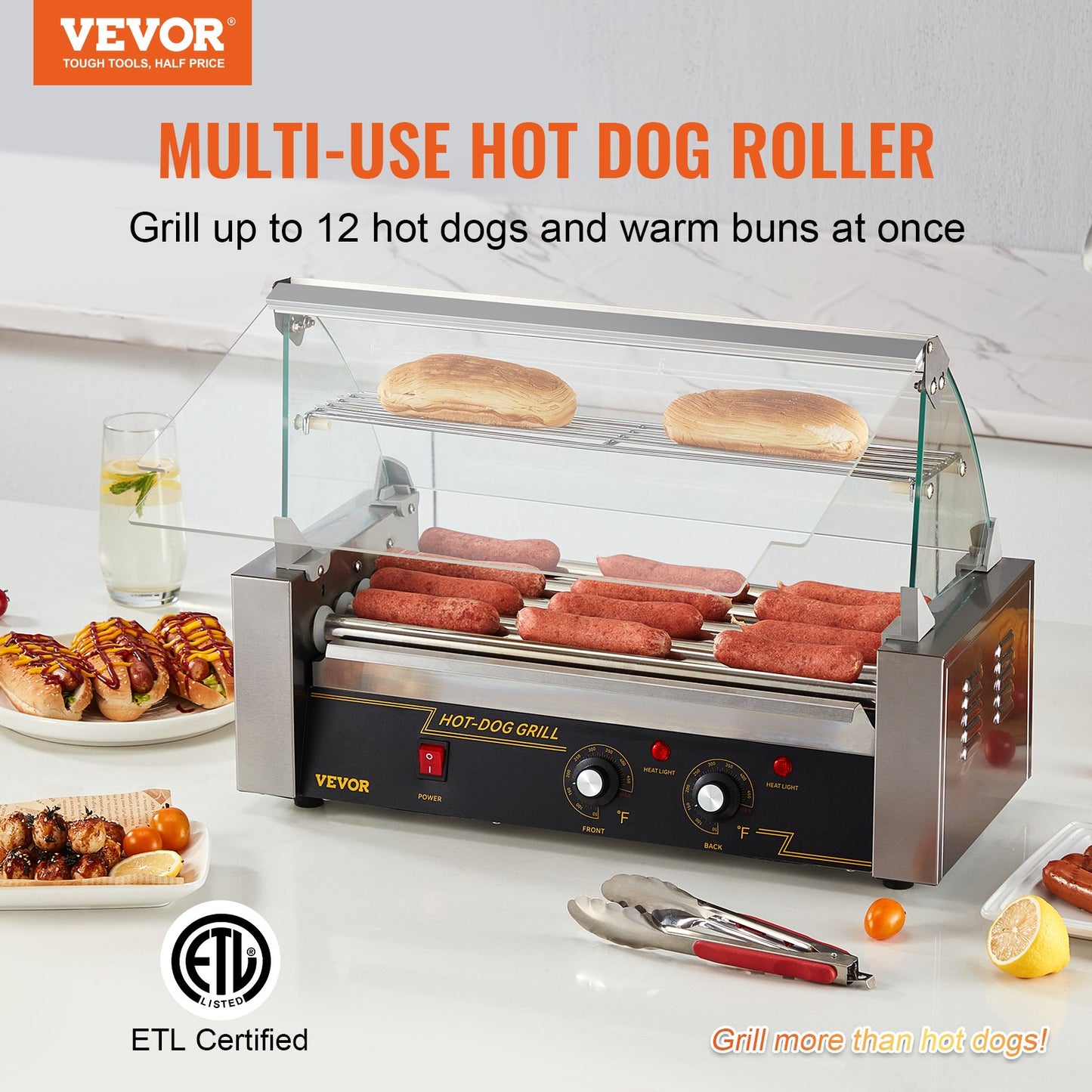 Electric 12 Hot Dog 5 Roller Grill Spismaskin Backsplash & Hylla 1000W