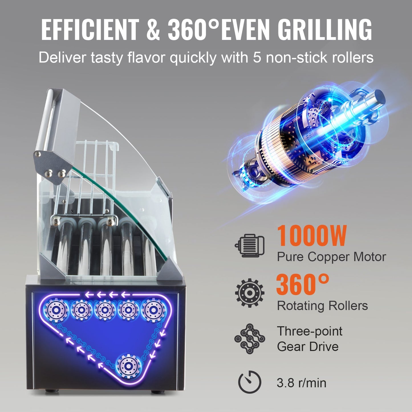 Electric 12 Hot Dog 5 Roller Grill Spismaskin Backsplash & Hylla 1000W