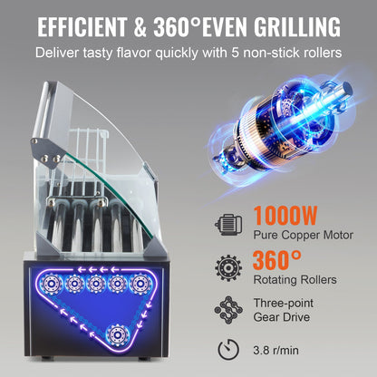 Electric 12 Hot Dog 5 Roller Grill Spismaskin Backsplash & Hylla 1000W