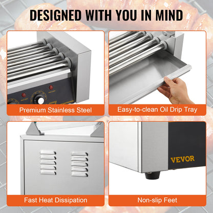 Electric 12 Hot Dog 5 Roller Grill Spismaskin Backsplash & Hylla 1000W