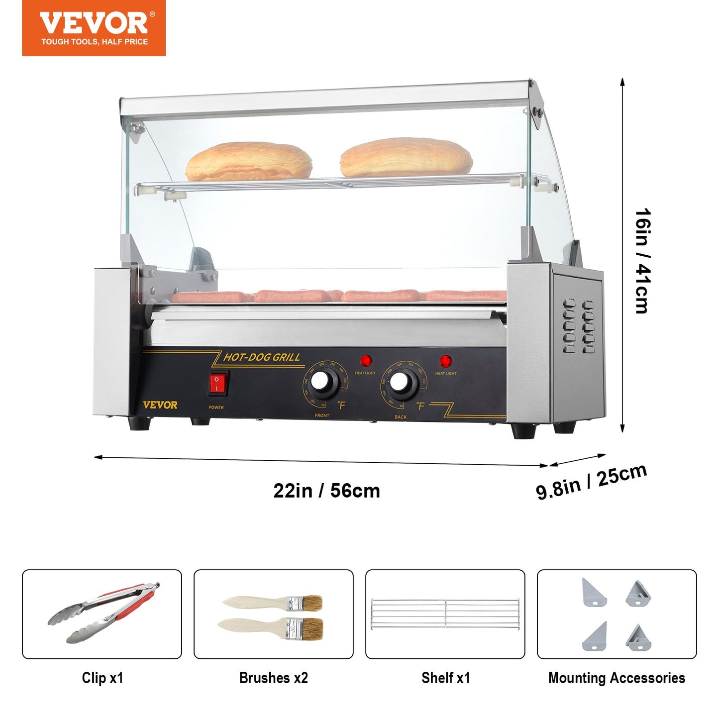 Electric 12 Hot Dog 5 Roller Grill Spismaskin Backsplash & Hylla 1000W