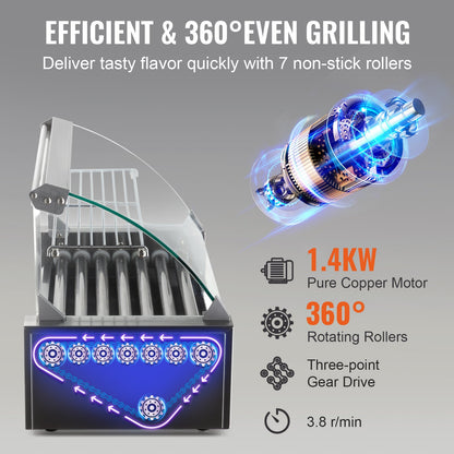 Electric 18 Hot Dog 7 Roller Grill Spismaskin Backsplash & Hylla 1,4KW