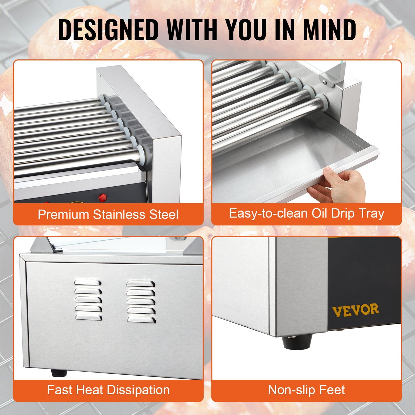 Electric 18 Hot Dog 7 Roller Grill Spismaskin Backsplash & Hylla 1,4KW
