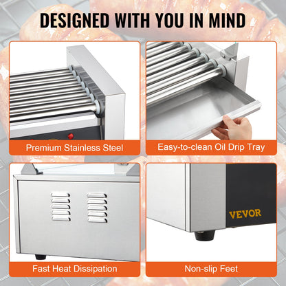 Electric 18 Hot Dog 7 Roller Grill Spismaskin Backsplash & Hylla 1,4KW