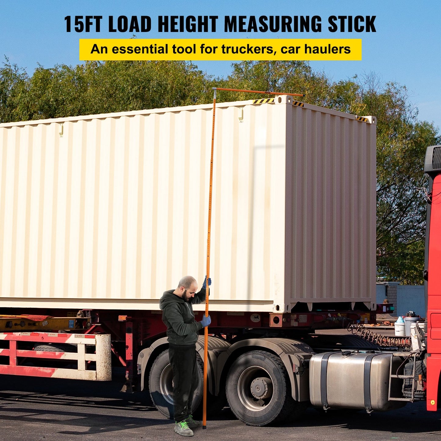 Load Height Gauge, 15\' Robust Fiberglass Truck Height Gauge with Adjustable Post, Non-conductive Truck Height Gauge with Carrying Case, Height Gauge for Trucks, Dump Trucks
