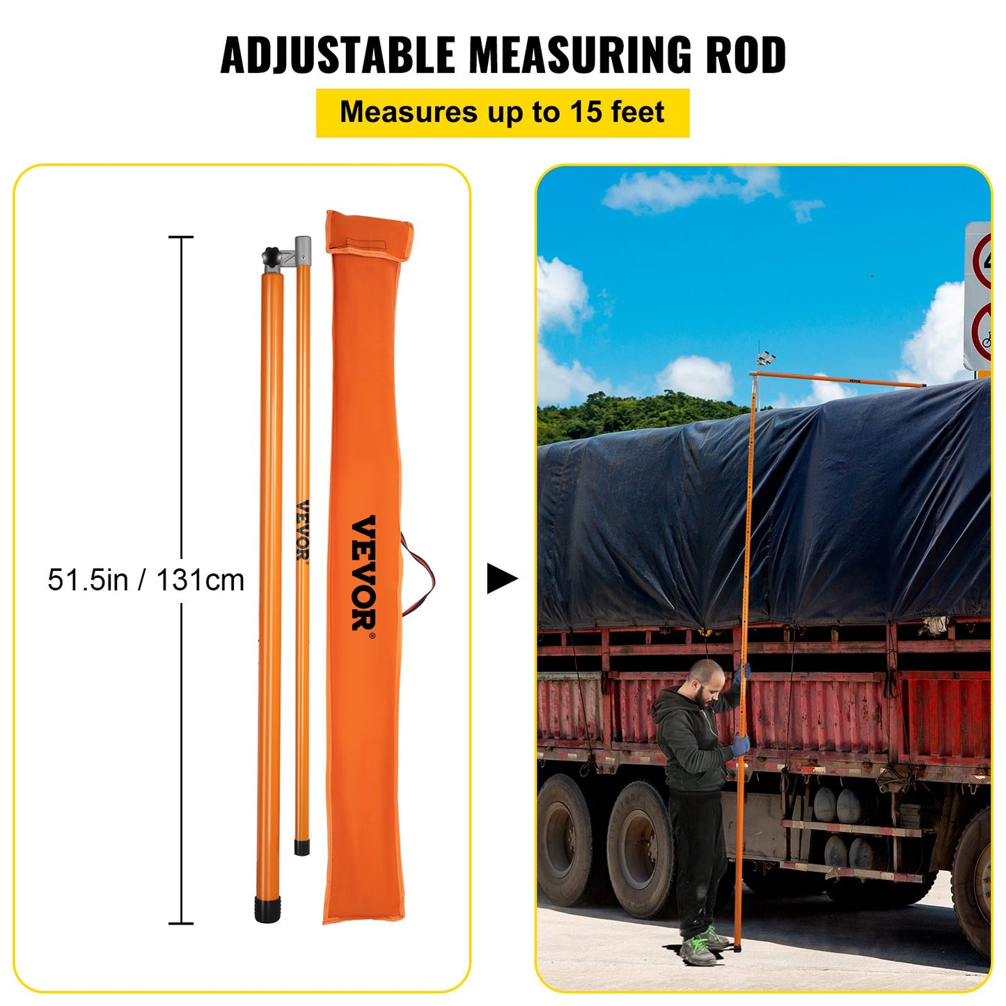 Load Height Gauge, 15\' Robust Fiberglass Truck Height Gauge with Adjustable Post, Non-conductive Truck Height Gauge with Carrying Case, Height Gauge for Trucks, Dump Trucks