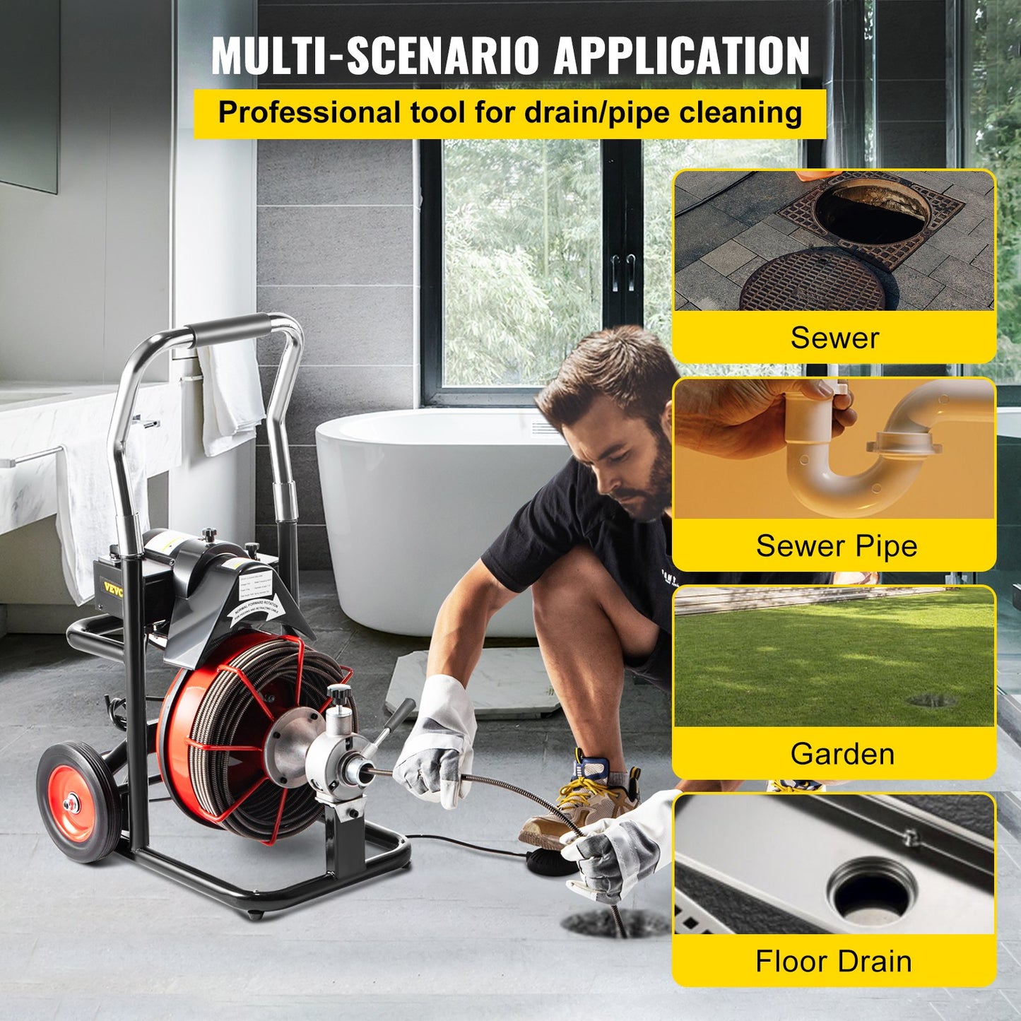 Drain cleaner 50' x 1/2" Drain cleaning machine 370W drain clog w/ cutter 1750R/min with 4 cutters and foot switch for 3/4"-4" (20mm-100mm) pipes