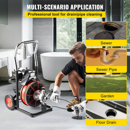 Drain cleaner 50' x 1/2" Drain cleaning machine 370W drain clog w/ cutter 1750R/min with 4 cutters and foot switch for 3/4"-4" (20mm-100mm) pipes