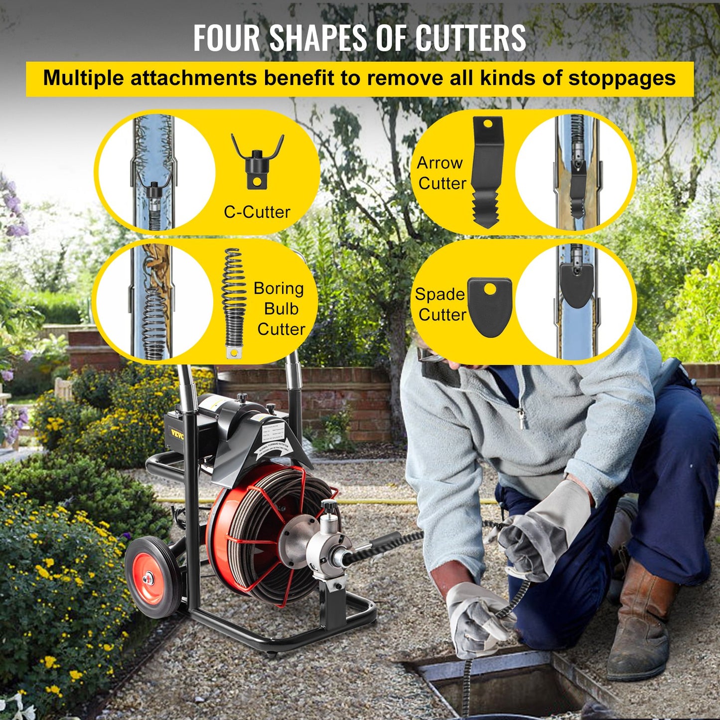 Drain cleaner 50' x 1/2" Drain cleaning machine 370W drain clog w/ cutter 1750R/min with 4 cutters and foot switch for 3/4"-4" (20mm-100mm) pipes