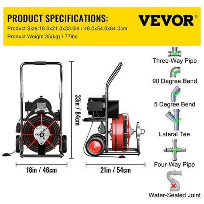 Drain cleaner 50' x 1/2" Drain cleaning machine 370W drain clog w/ cutter 1750R/min with 4 cutters and foot switch for 3/4"-4" (20mm-100mm) pipes