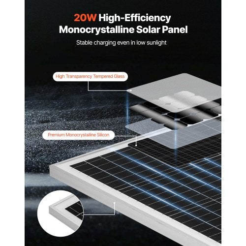 20W 12V solcellsbatteri underhållsladdare, mono solpanel batteriladdare med inbyggd MPPT-kontroller och justerbar monteringsfäste, IP65 vattentät för bil båt husvagn hustak |  EU