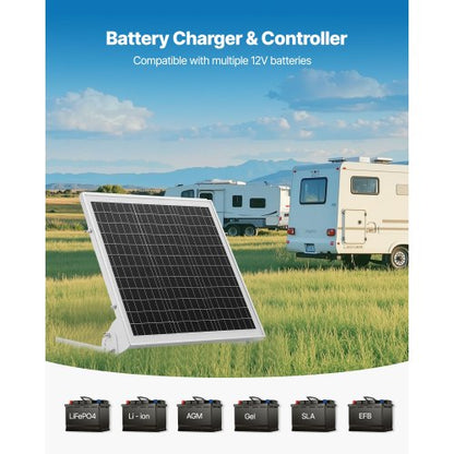 20W 12V solcellsbatteri underhållsladdare, mono solpanel batteriladdare med inbyggd MPPT-kontroller och justerbar monteringsfäste, IP65 vattentät för bil båt husvagn hustak |  EU