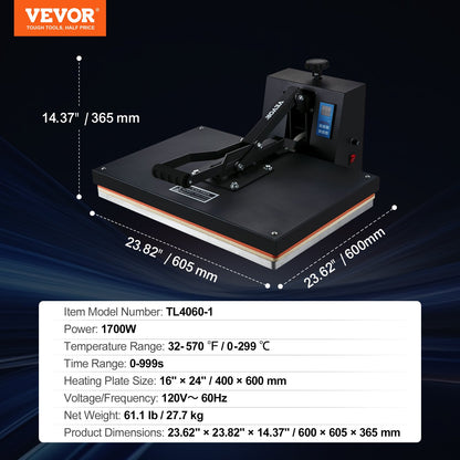 Heat Press Machine 16 x 24 i Sublimation Printer Transfer för DIY T-shirt