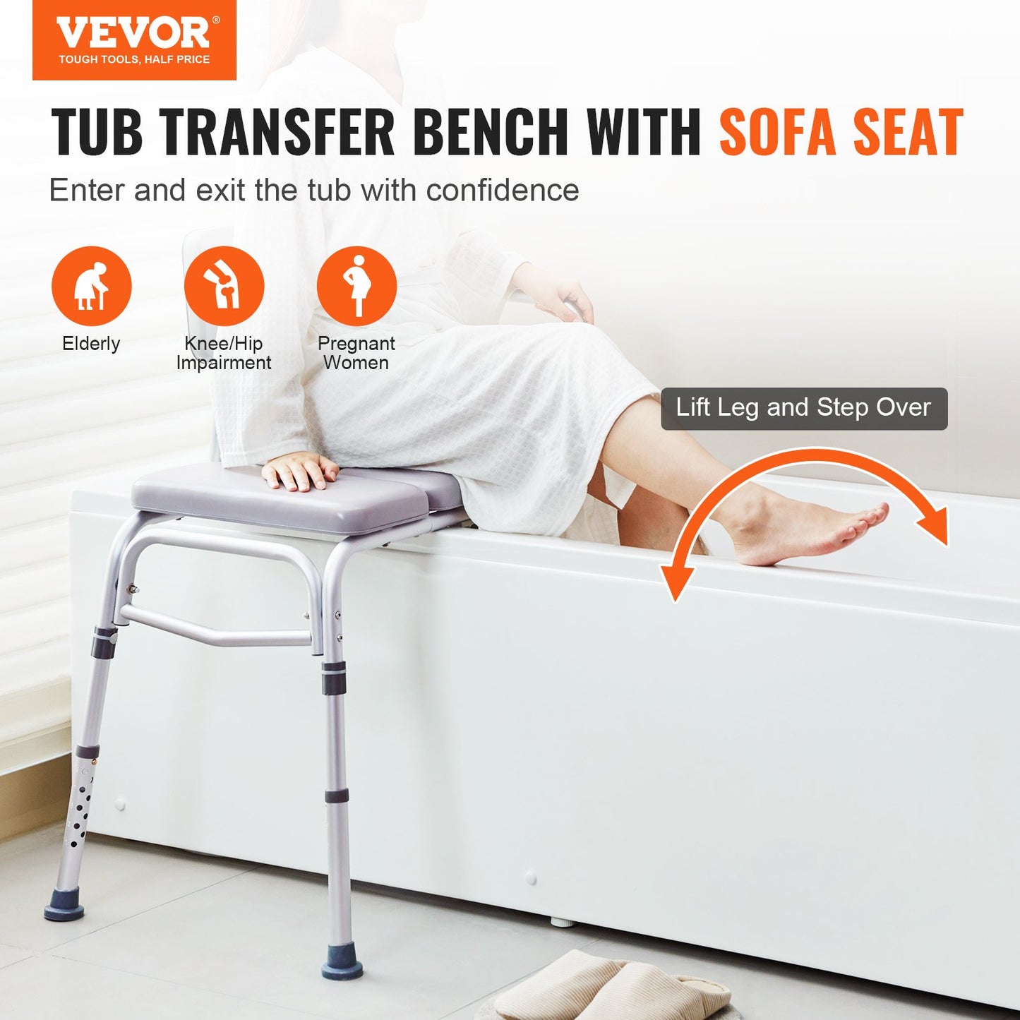 Tub Transfer Bench Shower Seat with Padded Seat Reversible Backrest 500lbs