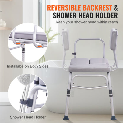 Tub Transfer Bench Shower Seat with Padded Seat Reversible Backrest 500lbs
