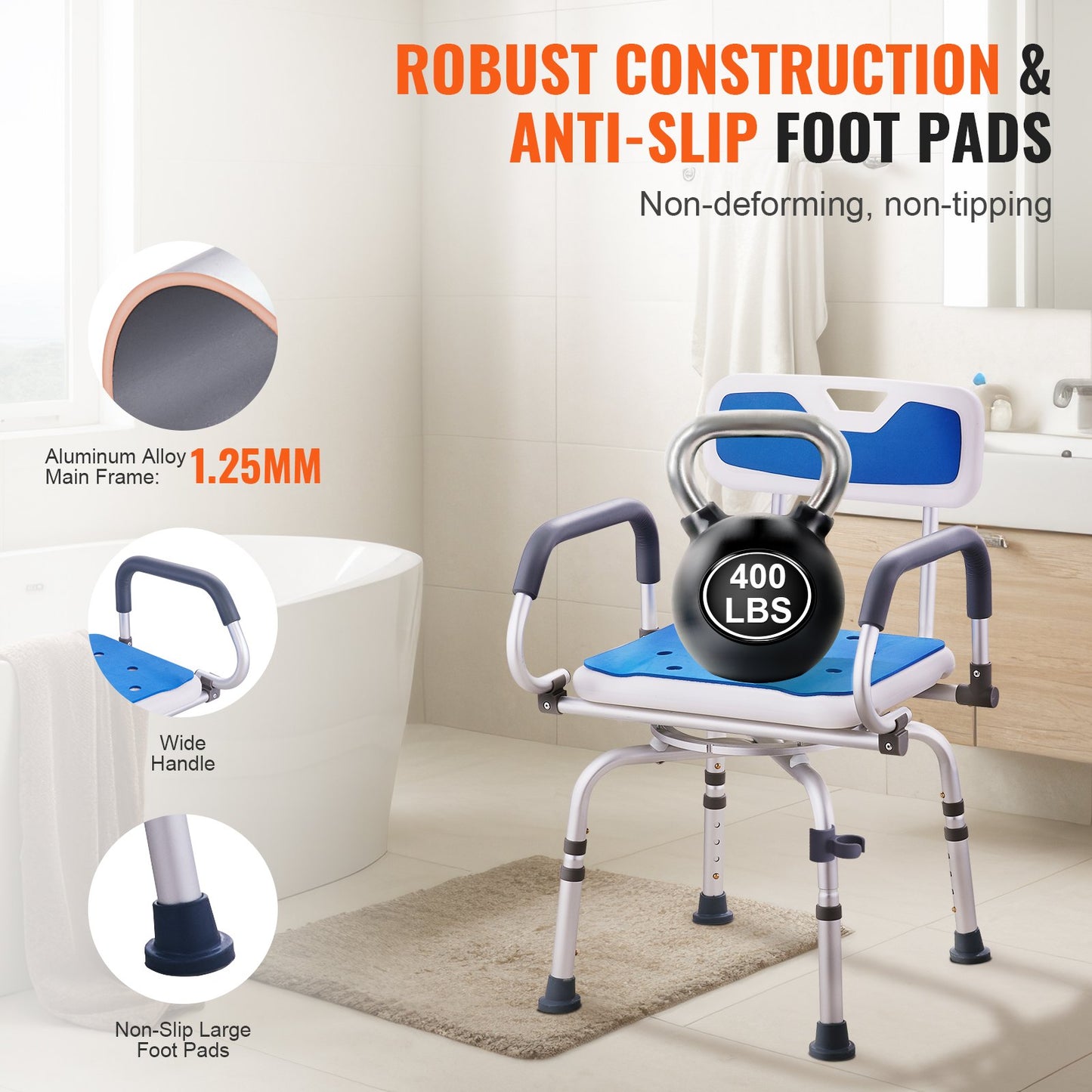 Shower chair 360° swivel bathtub shower seat with swivel arms 400LBS