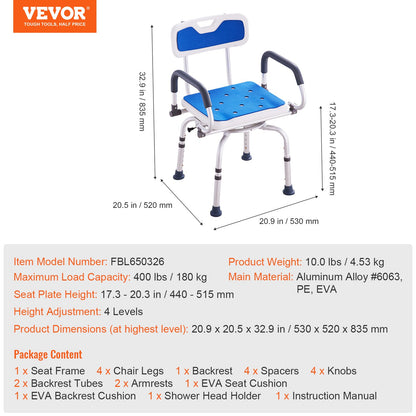 Shower chair 360° swivel bathtub shower seat with swivel arms 400LBS