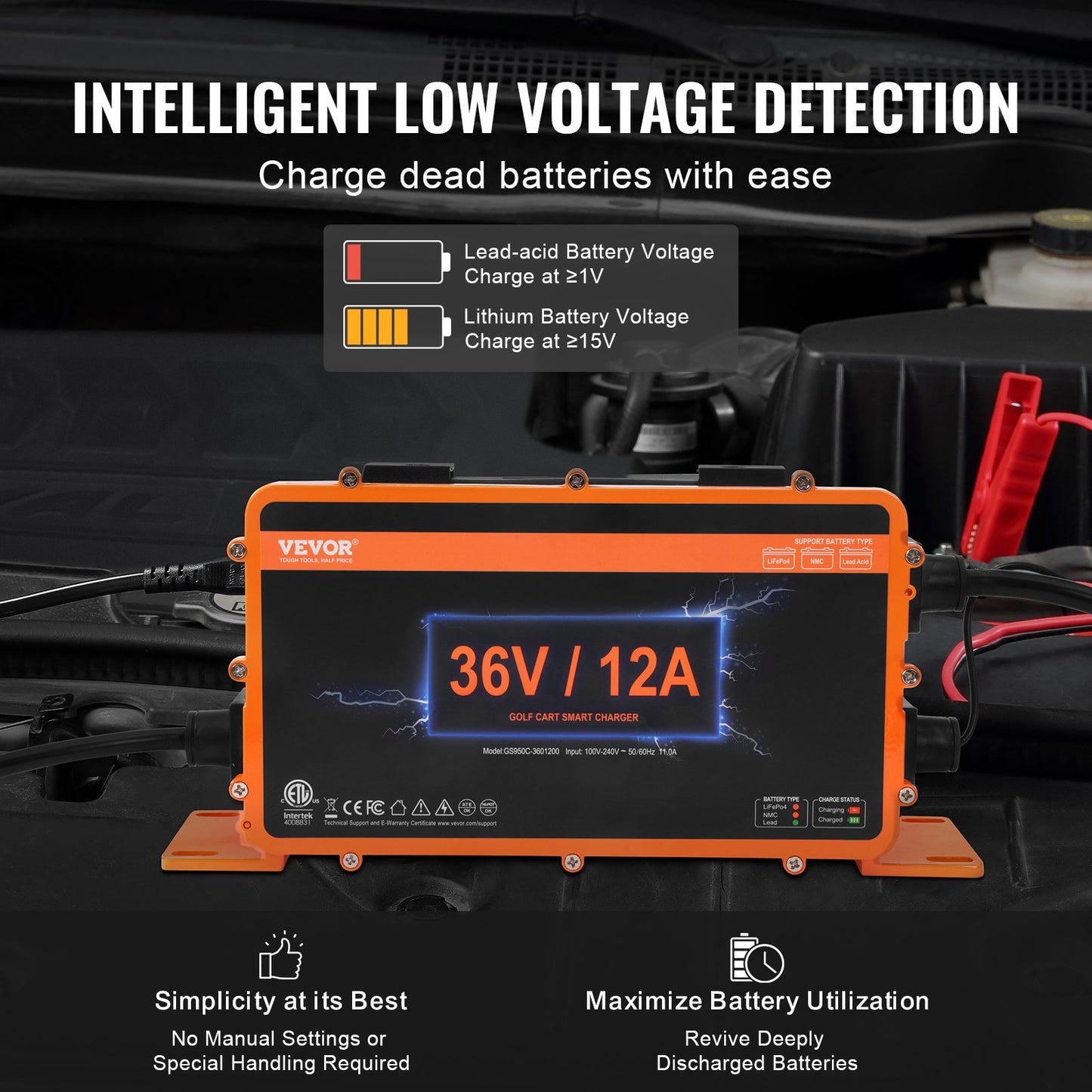 36 Volt 12 AMP Golfvagn Smart batteriladdare för EZGO D-Style IP67 ETL