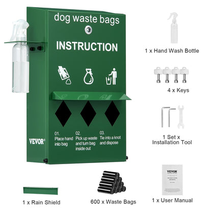 Dog Waste Station Bag Dispenser with 600 Bags Lockable Dog Poop Bag Holder