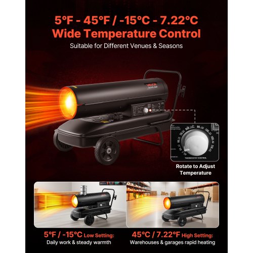50kW varmluftsdriven fotogendieselvärmare, bärbar torpedvärmare med hjul och justerbar temperatur, fläkttyp för arbetsplats/garage/lager/verkstad/bygg/utomhusvärme, svart |  EU