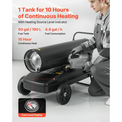 50kW varmluftsdriven fotogendieselvärmare, bärbar torpedvärmare med hjul och justerbar temperatur, fläkttyp för arbetsplats/garage/lager/verkstad/bygg/utomhusvärme, svart |  EU