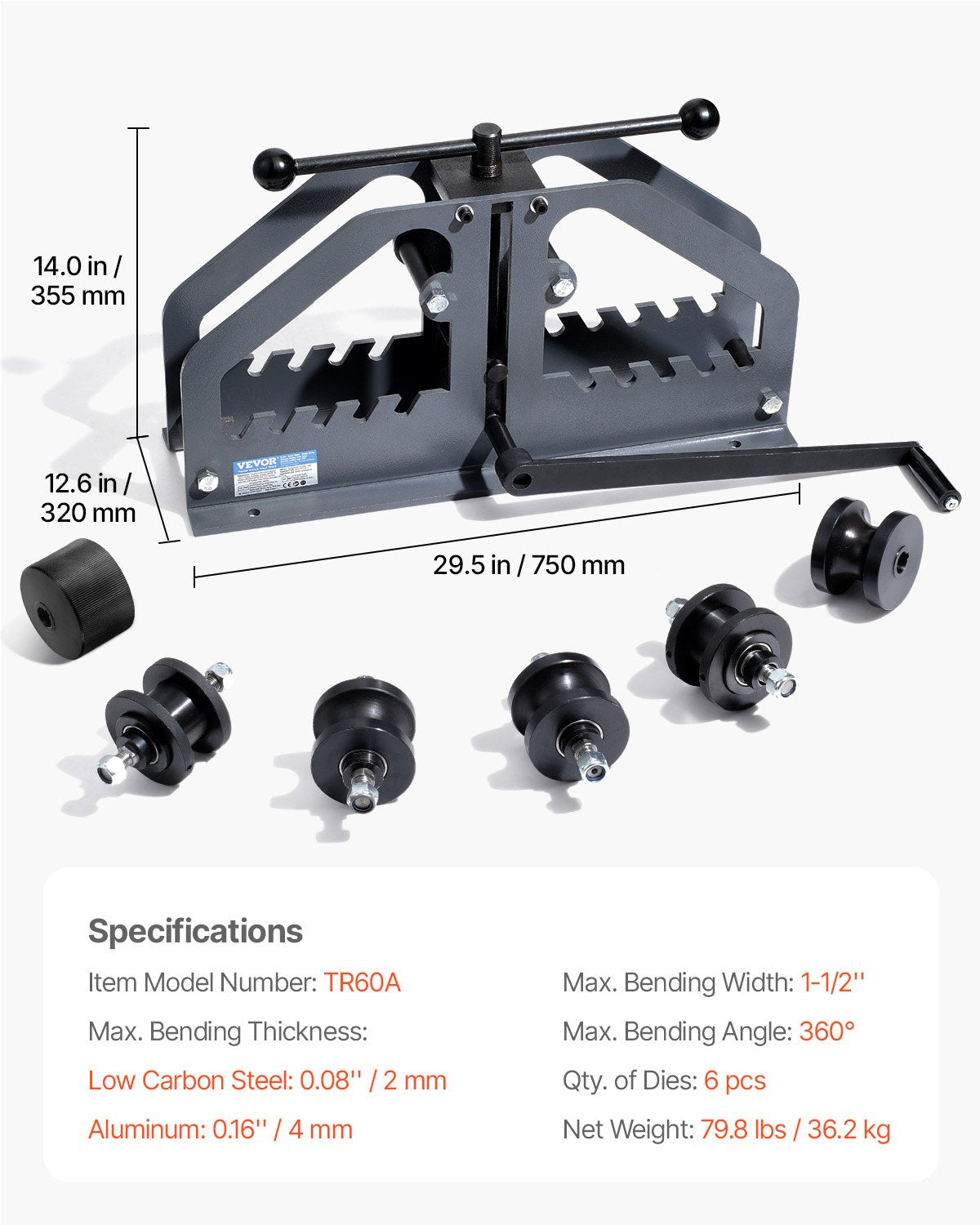 Tube Roller Bender Max 1-1/2" Manuell Tube Pipe Roller Bender med 6 dys