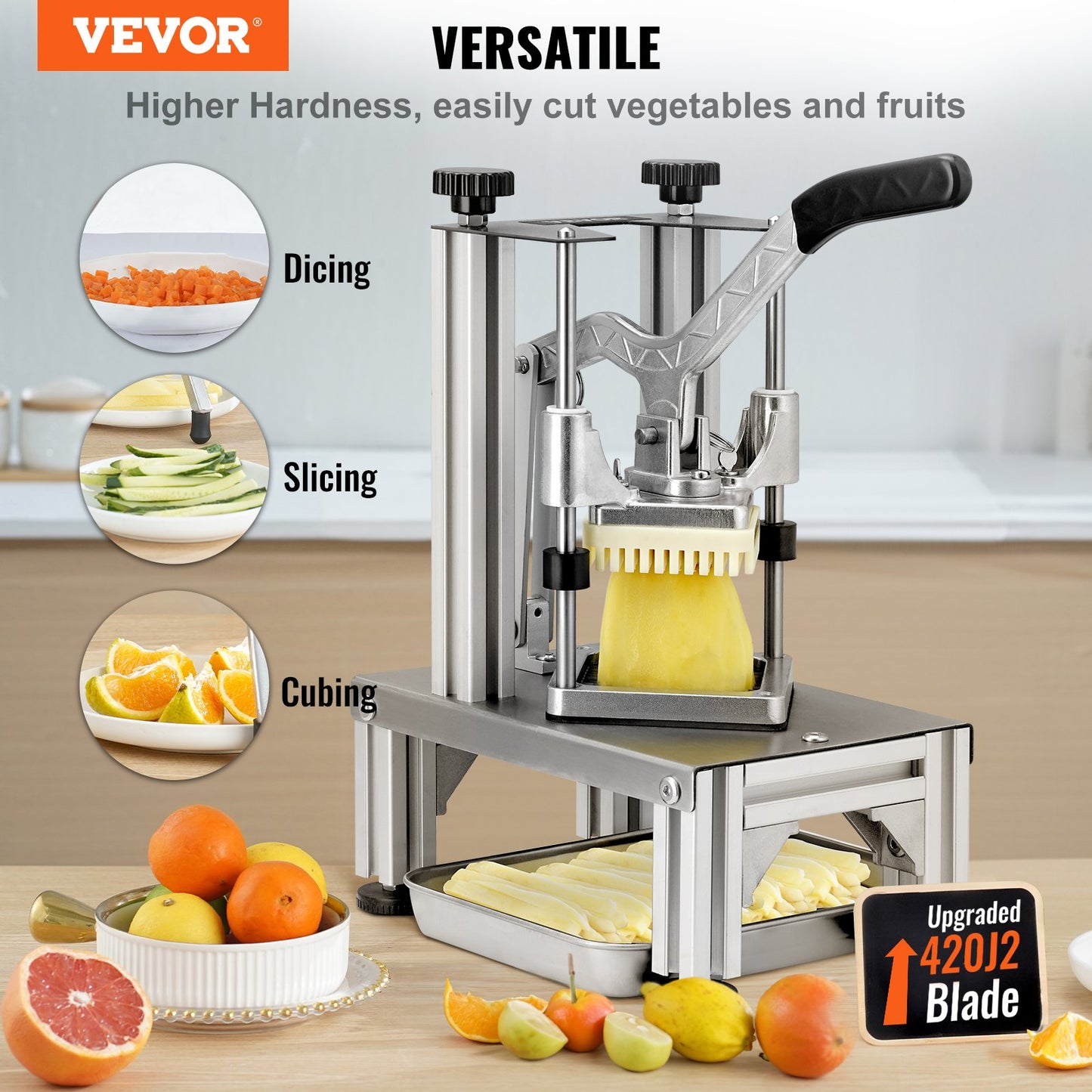 Kommersiell pommes fritesskärare med 4 ersättningsblad, 1/4" & 3/8" Blade Easy Dicer Chopper, 6-klyftare och 6-klyftare äppelkärare, citronpotatisskärare för pommes frites med bricka och handtag