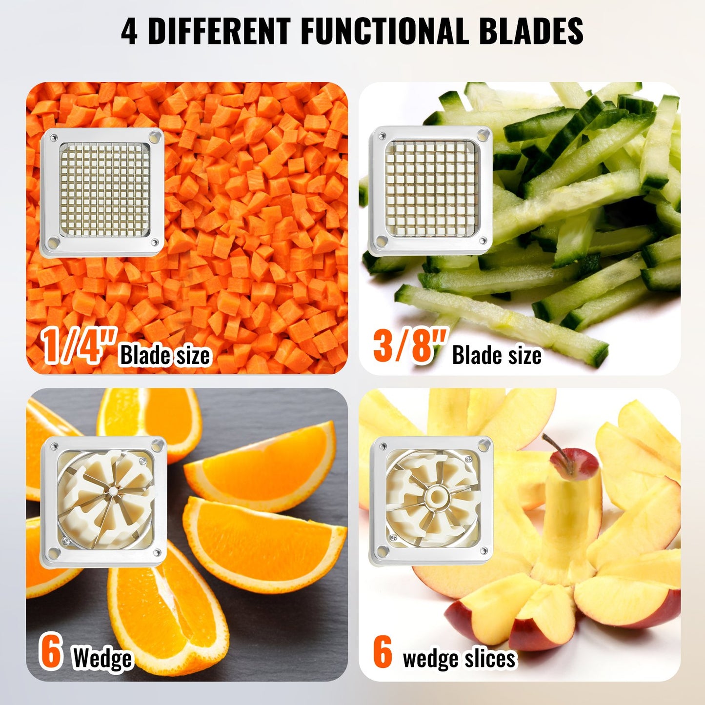 Kommersiell pommes fritesskärare med 4 ersättningsblad, 1/4" & 3/8" Blade Easy Dicer Chopper, 6-klyftare och 6-klyftare äppelkärare, citronpotatisskärare för pommes frites med bricka och handtag
