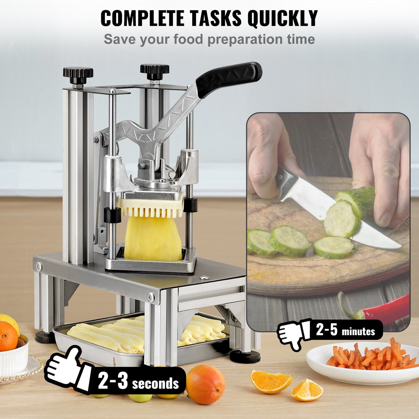 Kommersiell pommes fritesskärare med 4 ersättningsblad, 1/4" & 3/8" Blade Easy Dicer Chopper, 6-klyftare och 6-klyftare äppelkärare, citronpotatisskärare för pommes frites med bricka och handtag